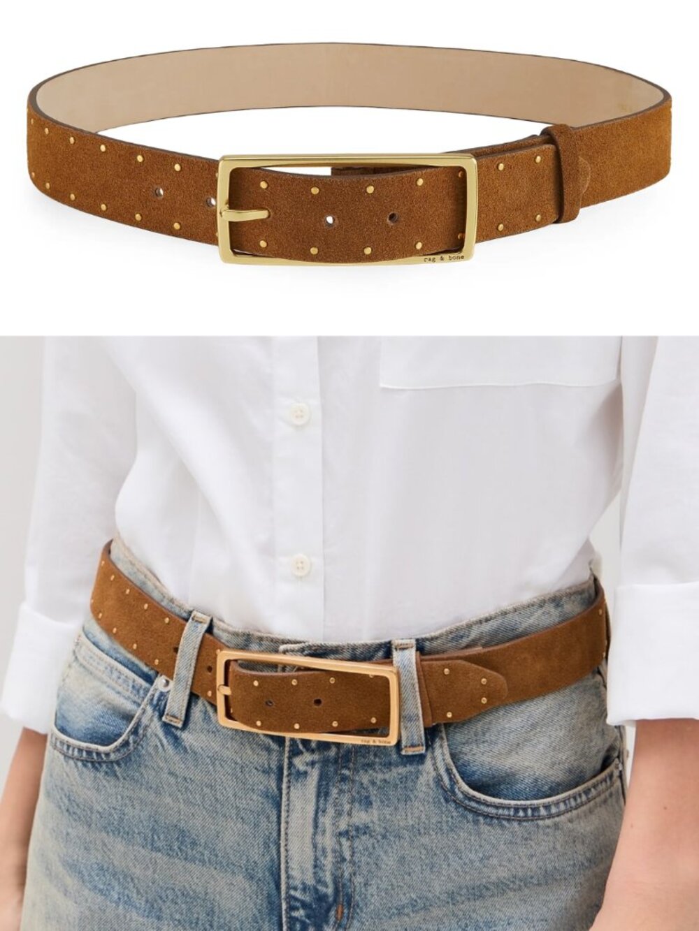 rag & bone Rebound Studded Cowhide Suede Belt Cognac Brown Gold Hardware